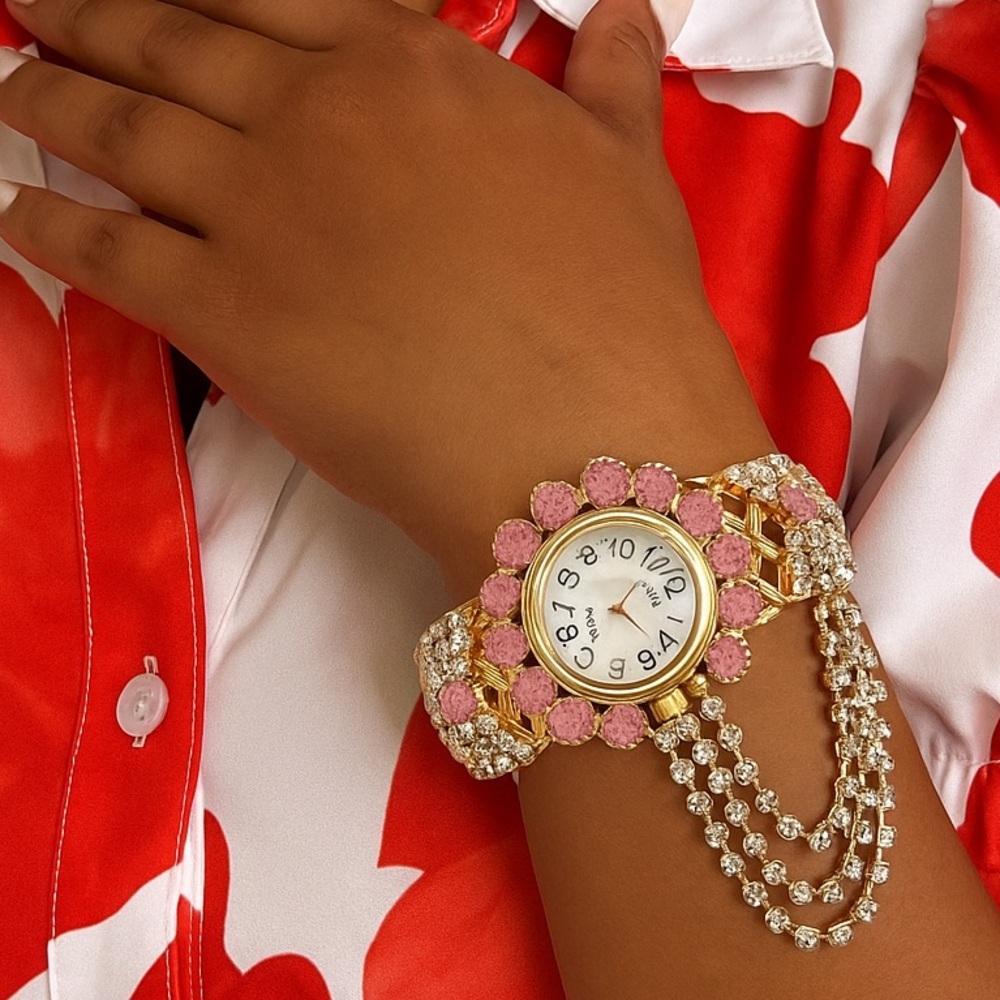 Luxury Rhinestone Bracelet Watch – Pink Crystal Floral Design